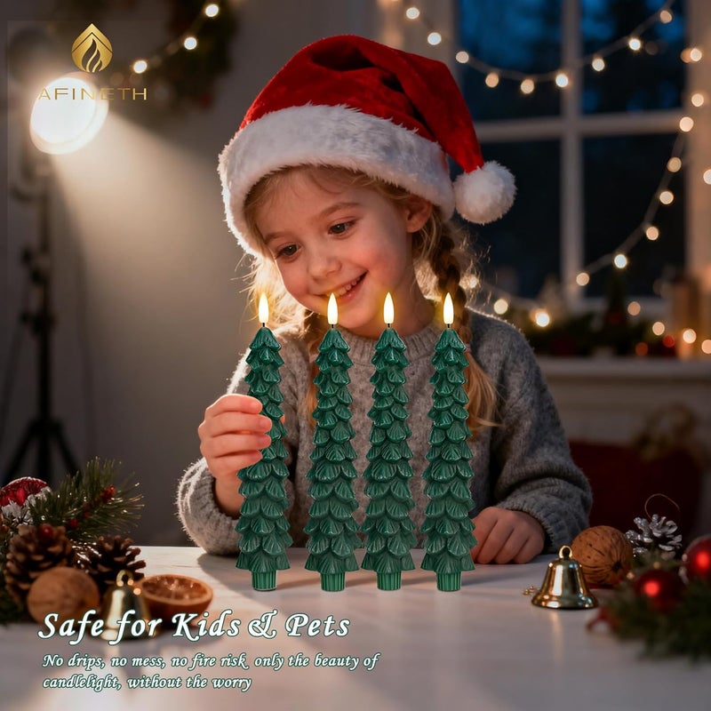 AFINETH Christmas Tree Candles with Remote, 4 Pack Green Flameless Taper Candles Battery Operated, Real Wax 9.6 Inch Flickering Led Christmas Tree Candlesticks Decorations for Winter Home Holiday Xmas Gift - Image 3